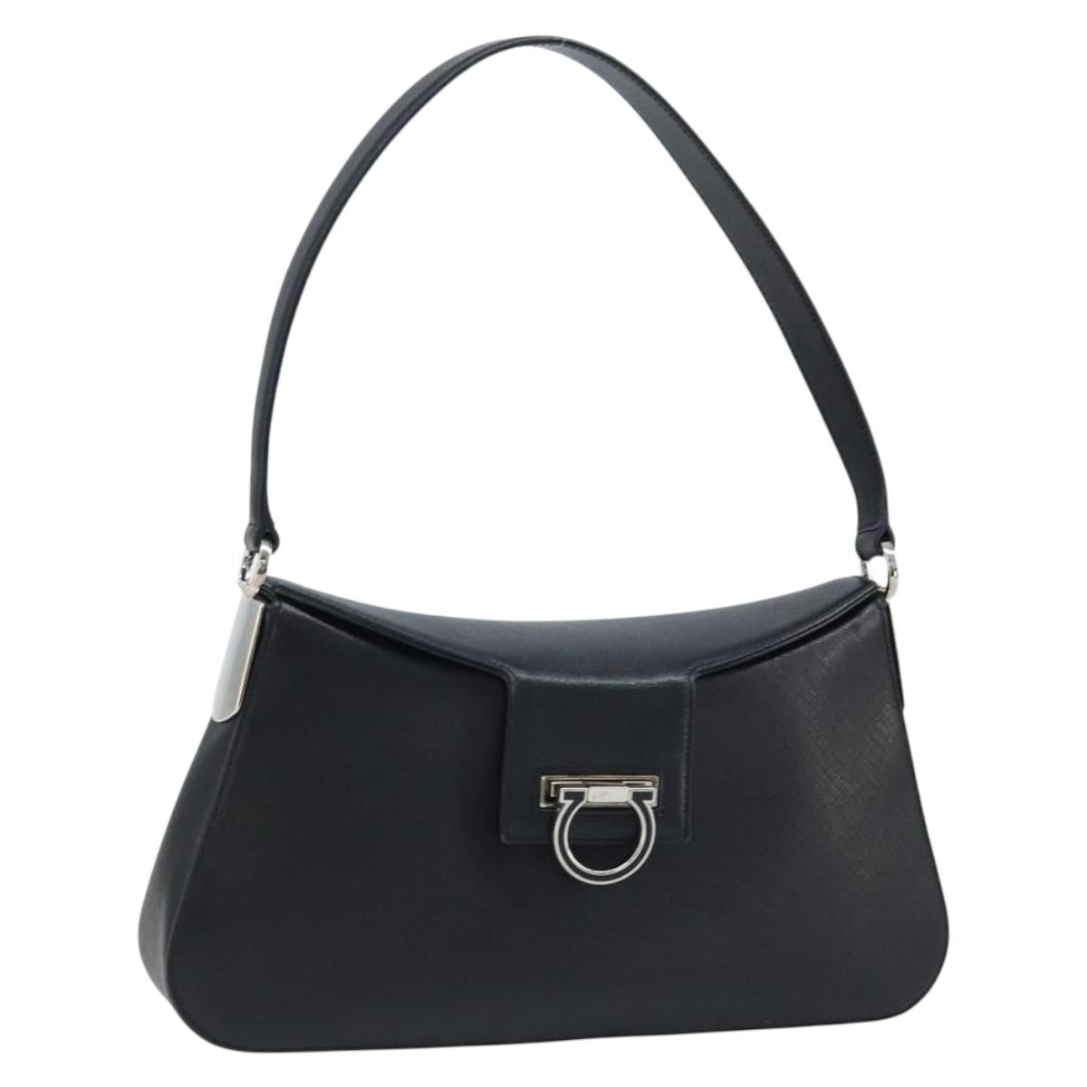 Salvatore Ferragamo Gancini Shoulder Bag Leather Black Silver Auth gh1877