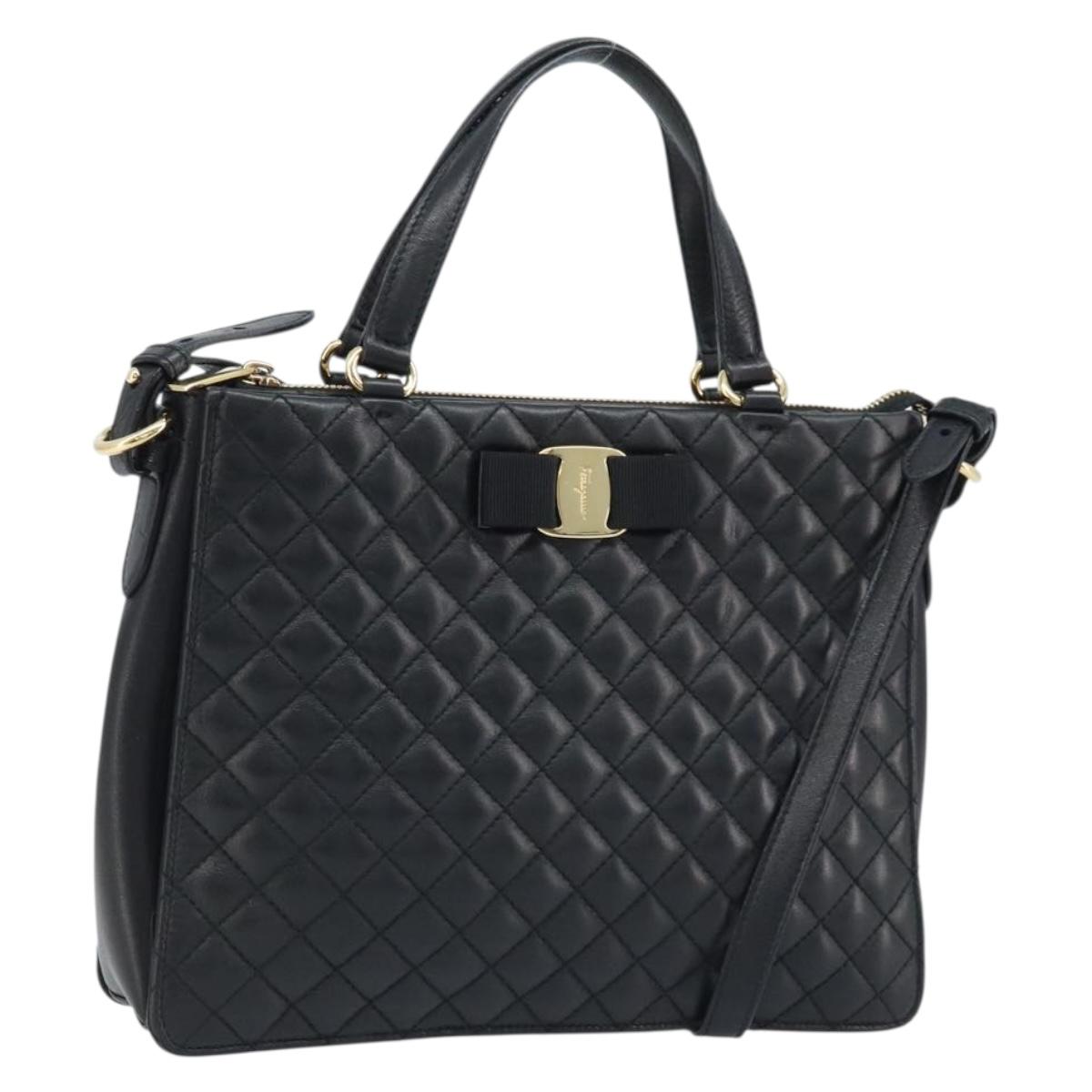 Salvatore Ferragamo Vala Hand Bag Leather 2way Black Gold Auth gh1879