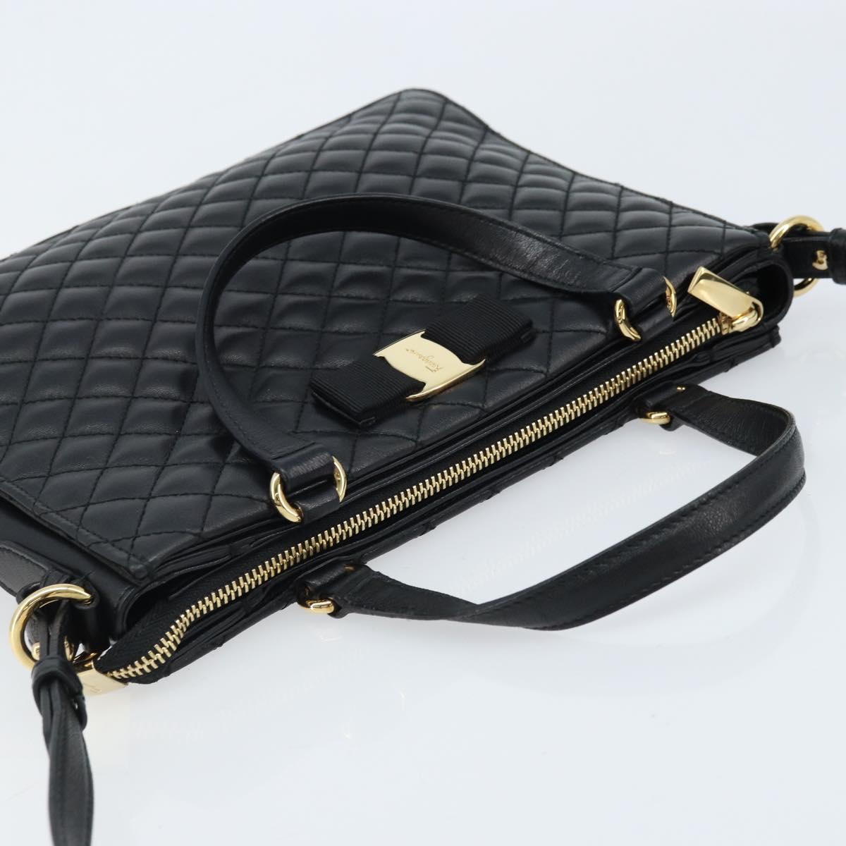 Salvatore Ferragamo Vala Hand Bag Leather 2way Black Gold Auth gh1879