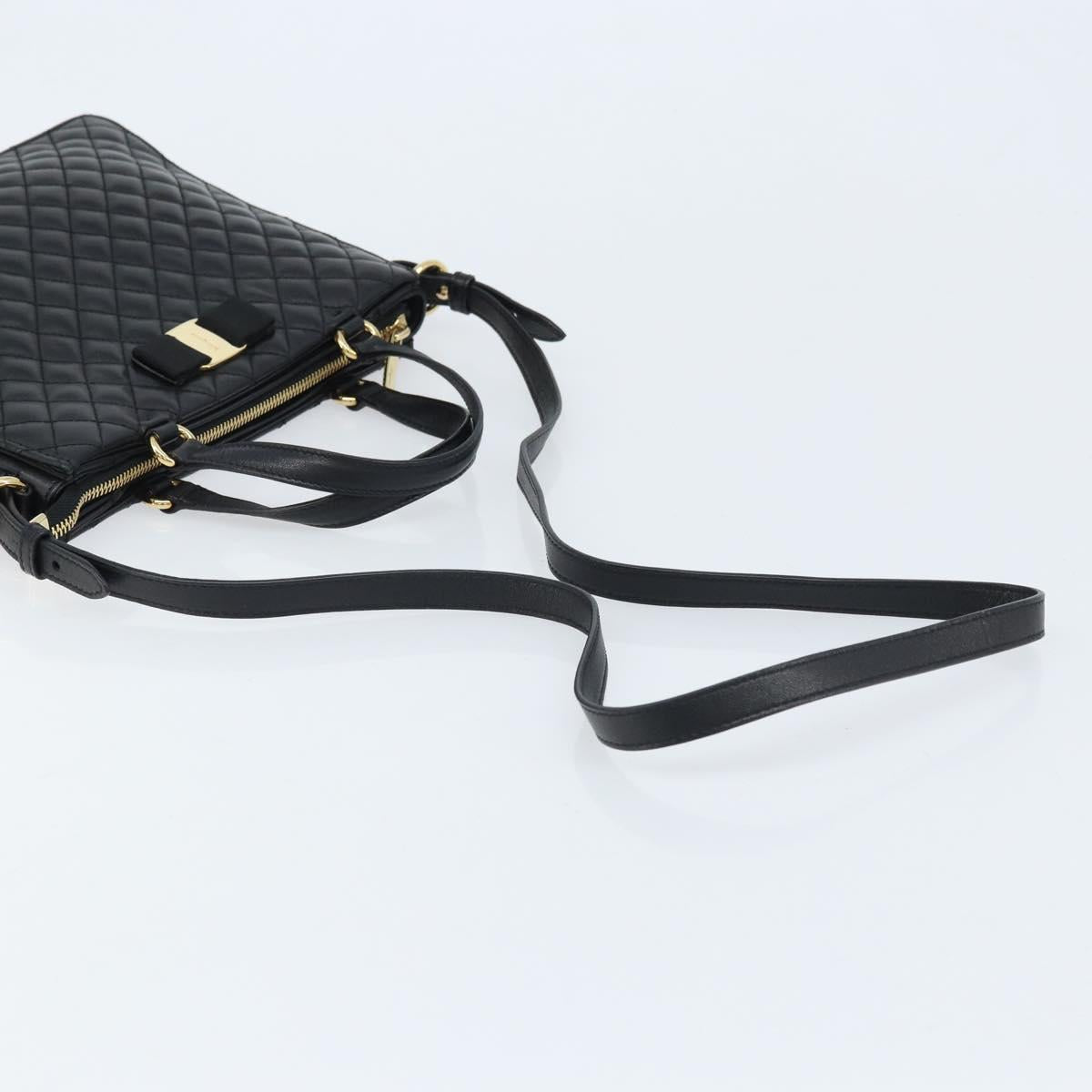 Salvatore Ferragamo Vala Hand Bag Leather 2way Black Gold Auth gh1879