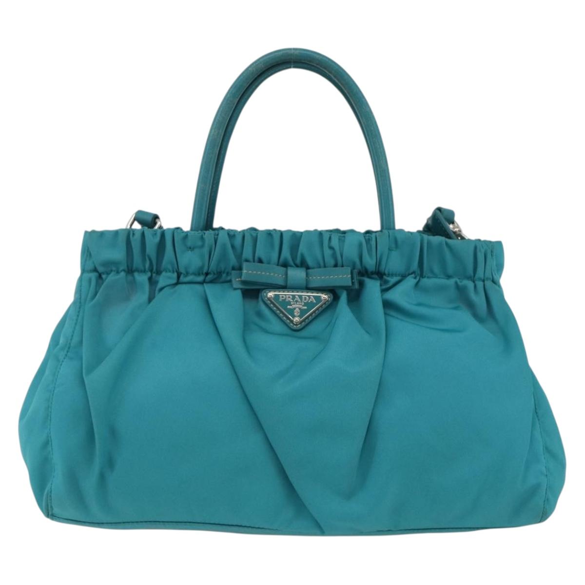 PRADA Hand Bag Nylon 2way Turquoise Blue Silver Auth gh1880A