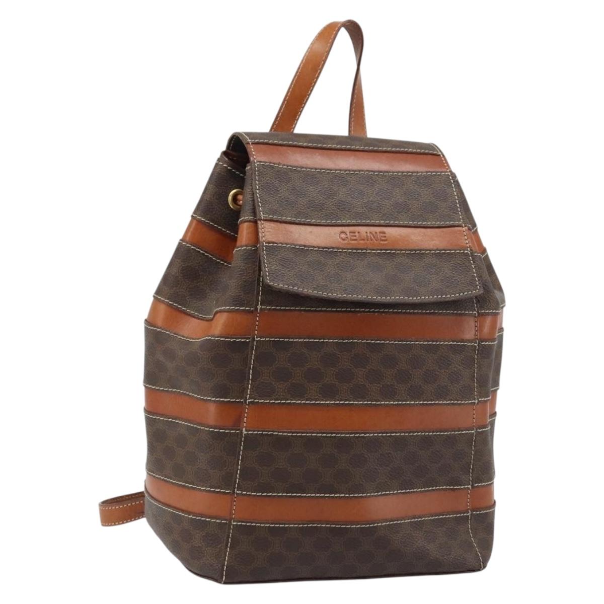 CELINE Macadam Canvas Backpack PVC Leather Brown Gold Auth gh1897