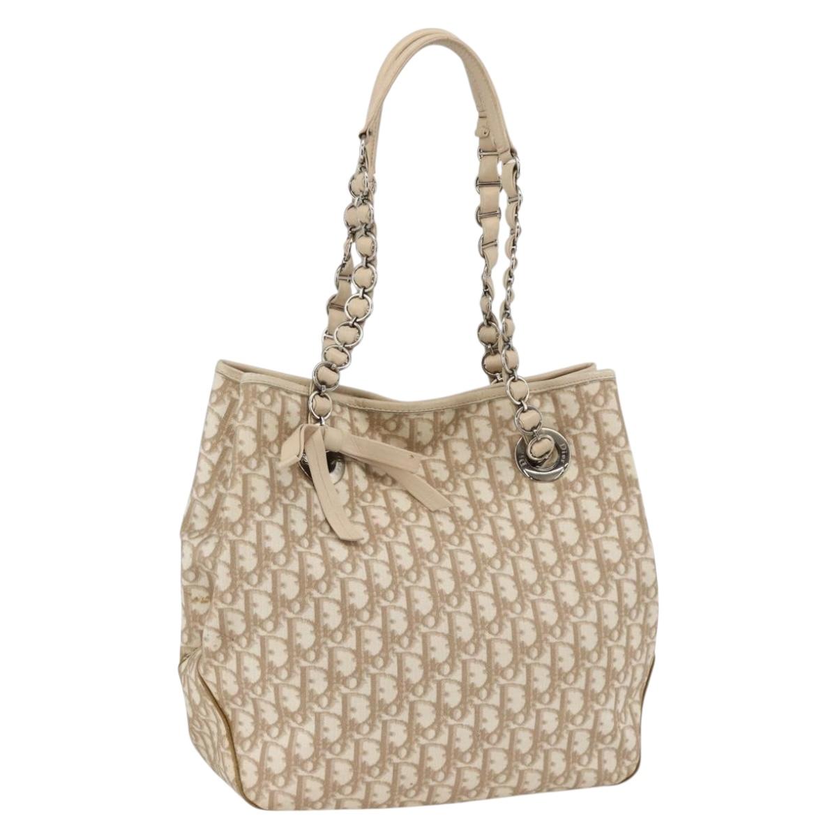 Christian Dior Trotter Canvas Chain Romantic Bag PVC Beige Silver Auth gh1907