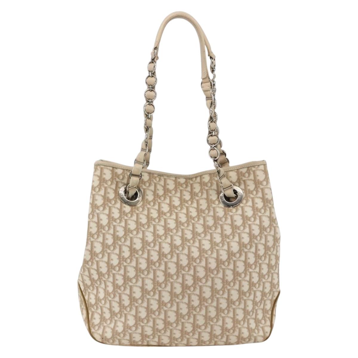 Christian Dior Trotter Canvas Chain Romantic Bag PVC Beige Silver Auth gh1907
