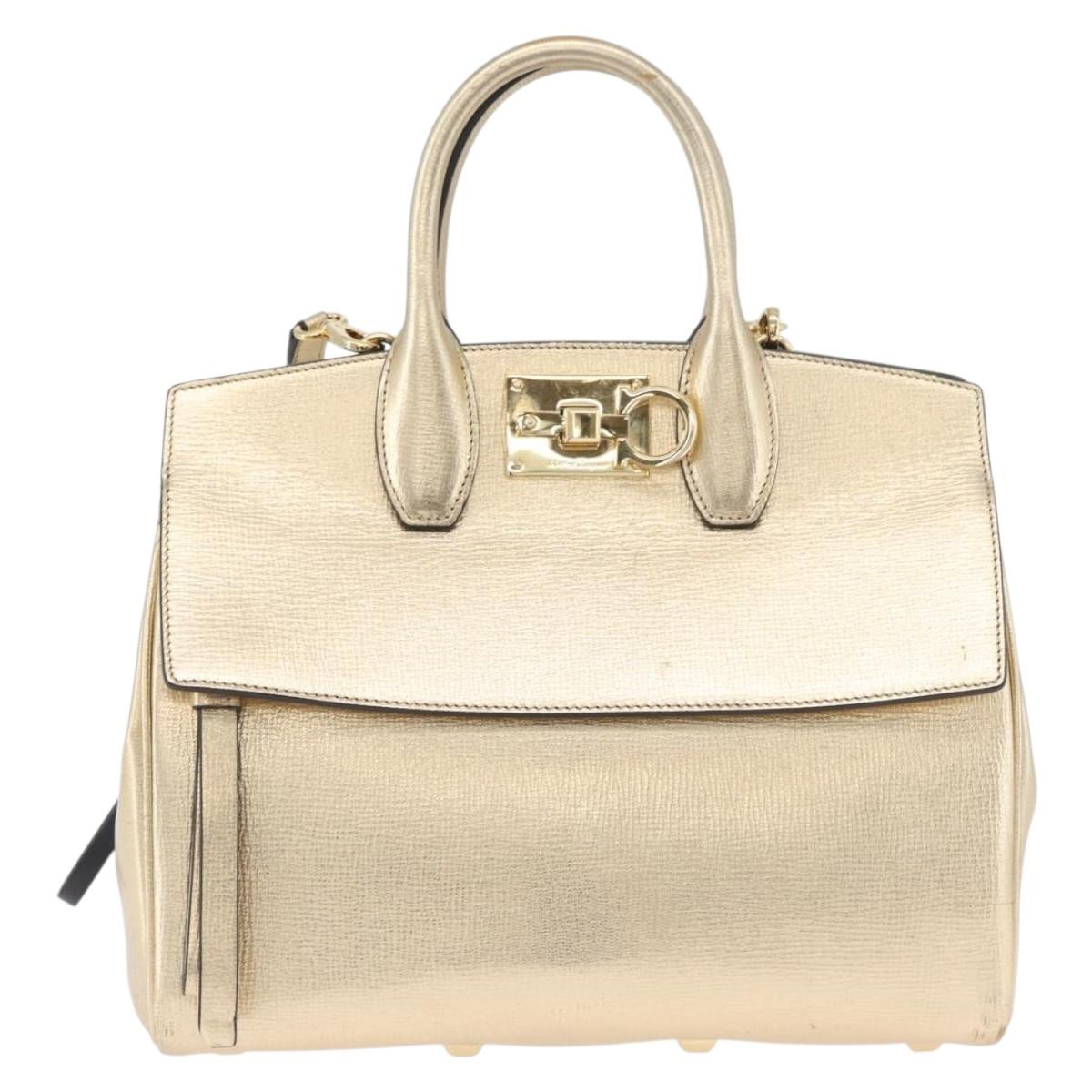 Salvatore Ferragamo Gancini Hand Bag Leather 2way Gold Auth gh1909A
