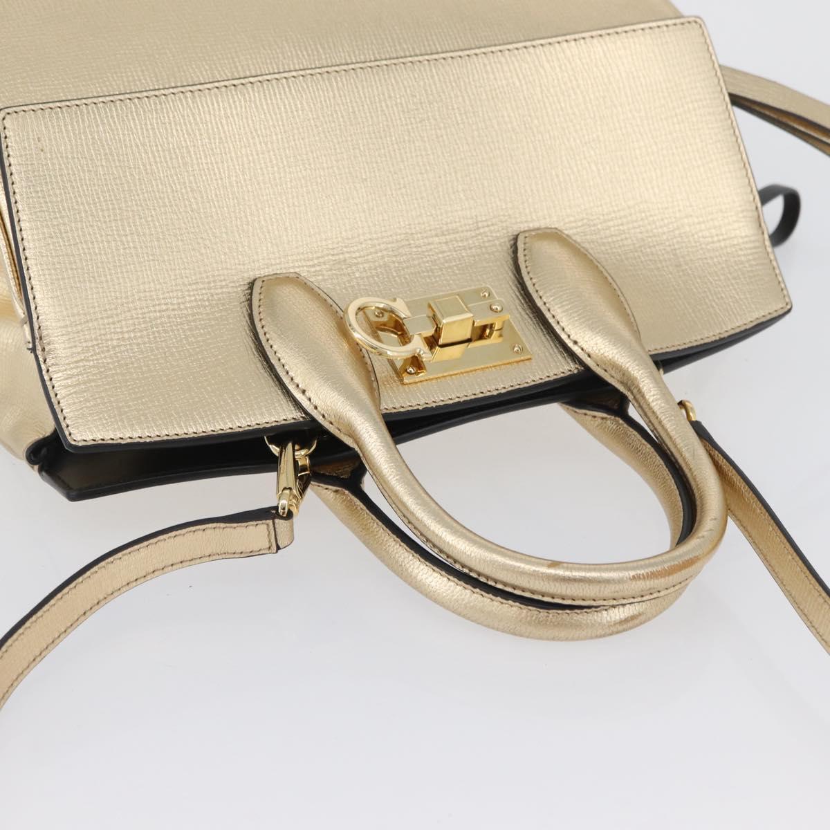 Salvatore Ferragamo Gancini Hand Bag Leather 2way Gold Auth gh1909A