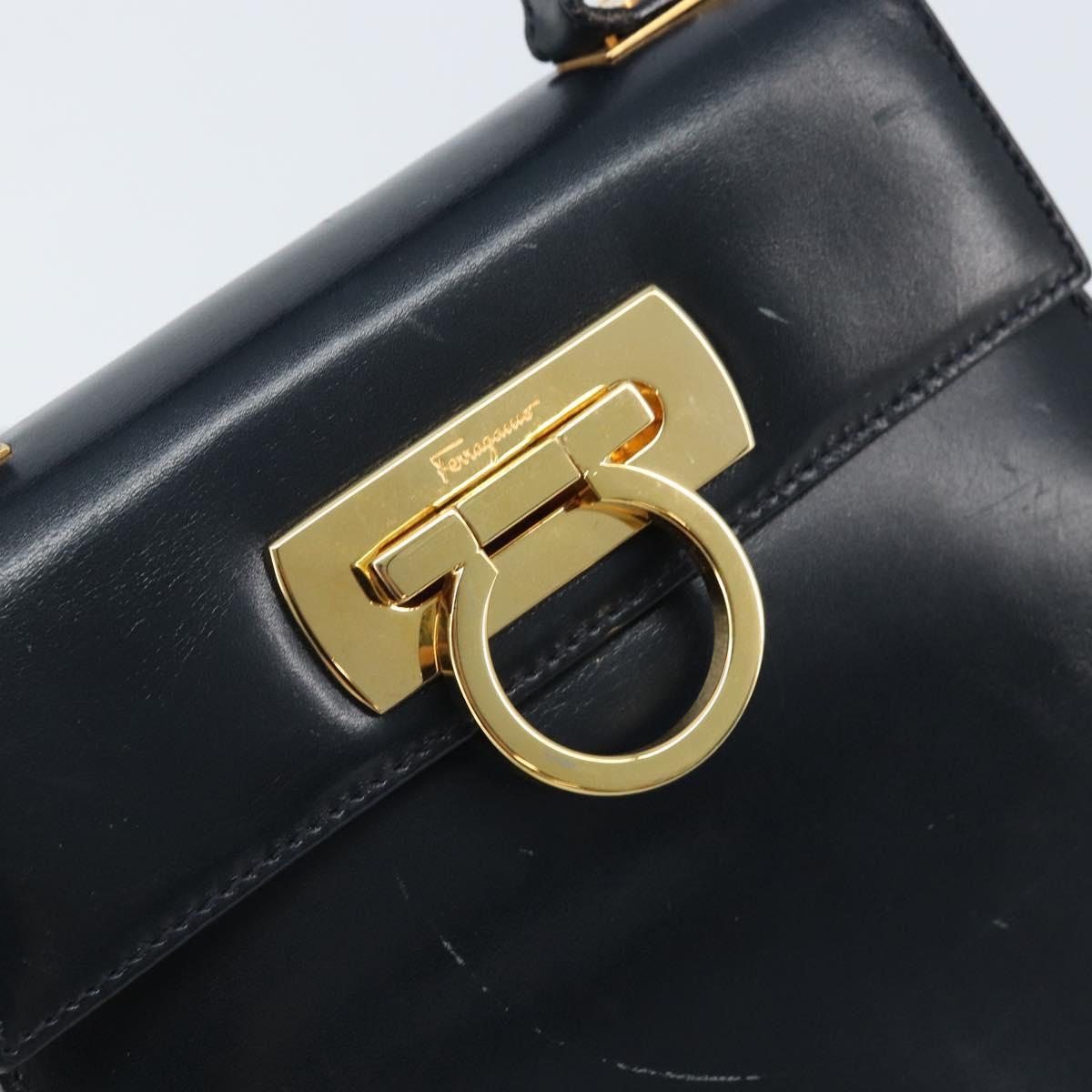 Salvatore Ferragamo Gancini Hand Bag Leather 2way Navy Gold Auth gh1925