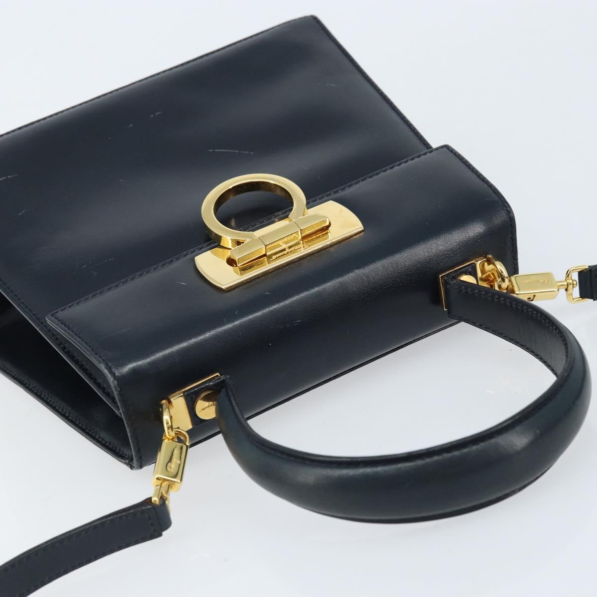 Salvatore Ferragamo Gancini Hand Bag Leather 2way Navy Gold Auth gh1925