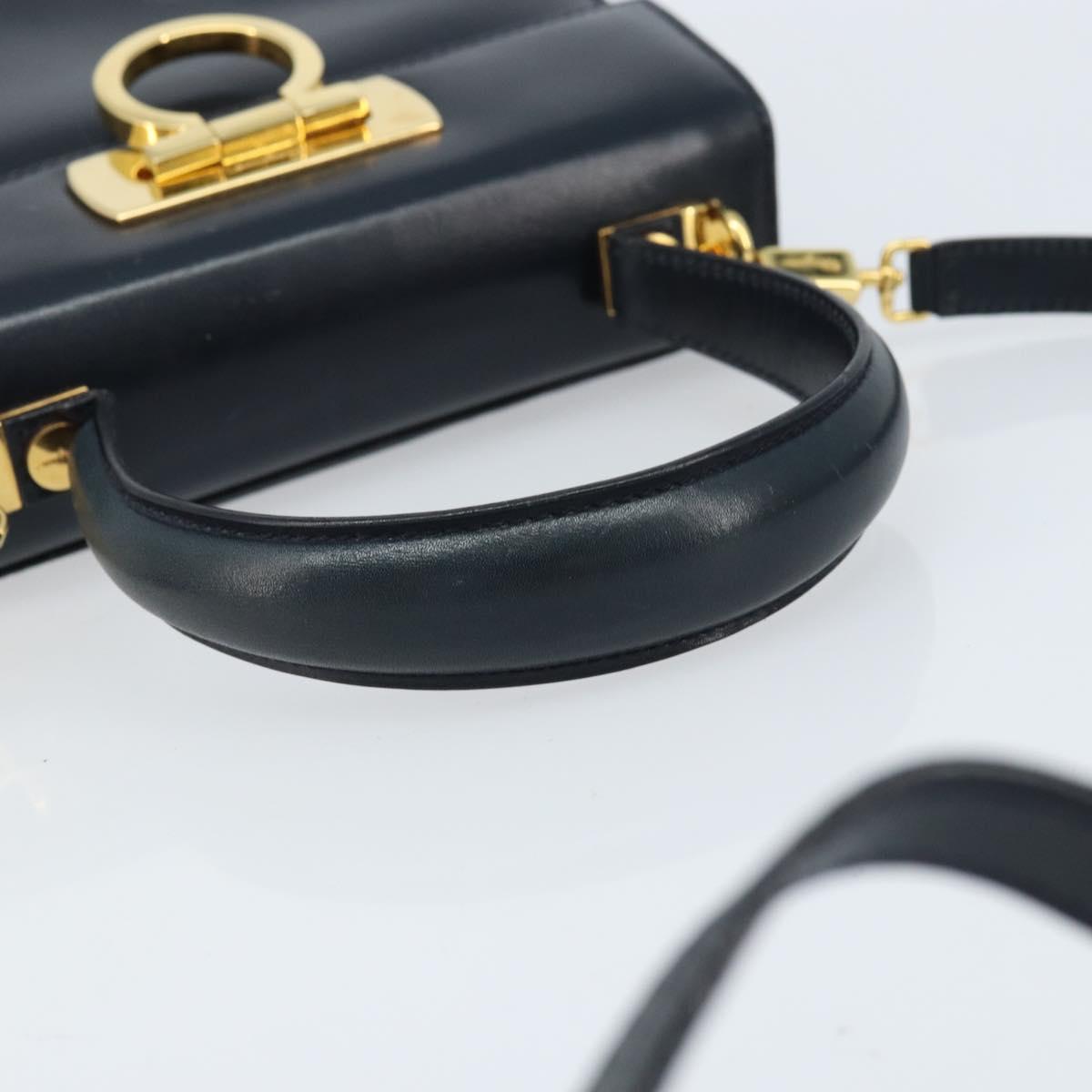 Salvatore Ferragamo Gancini Hand Bag Leather 2way Navy Gold Auth gh1925