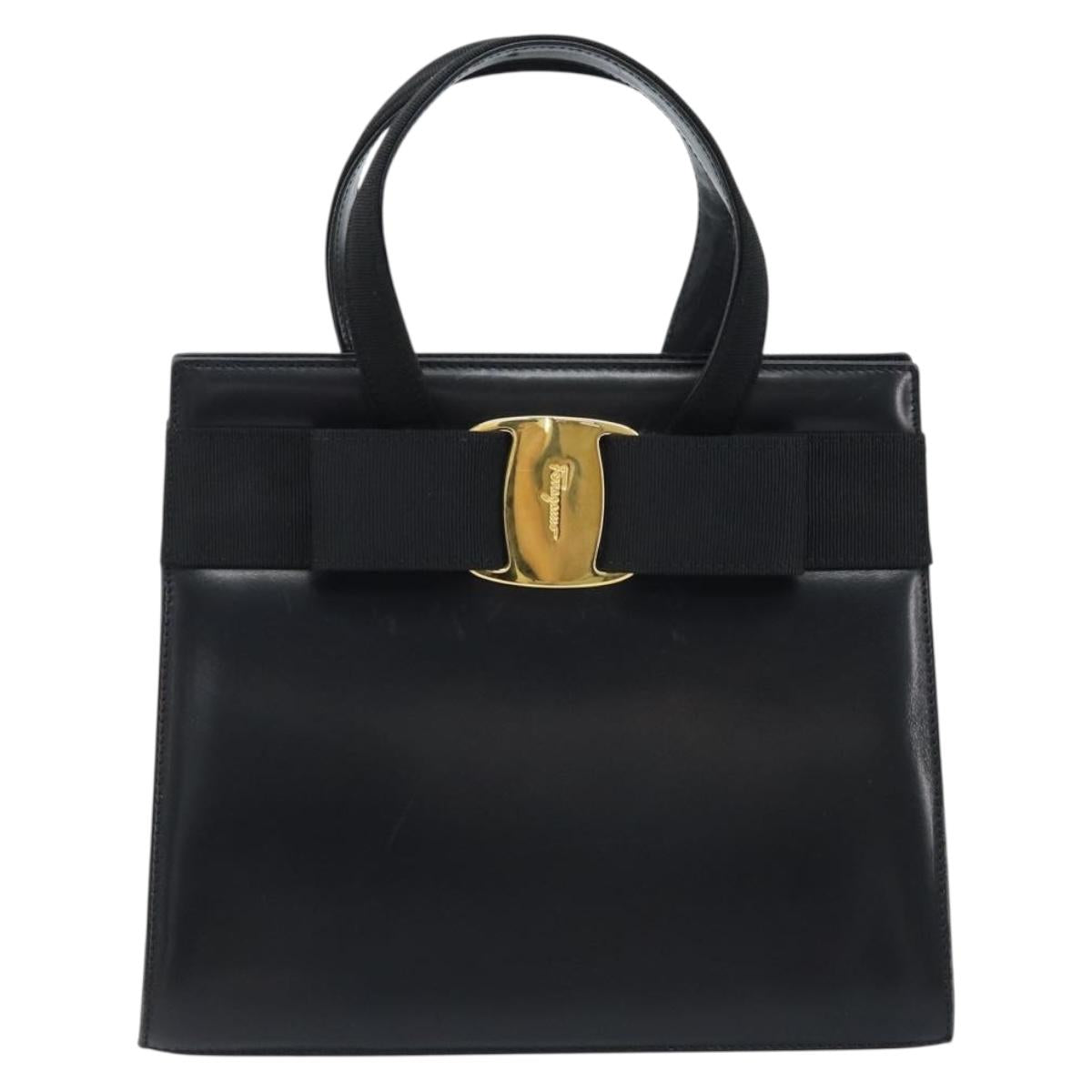 Salvatore Ferragamo Vala Hand Bag Leather Black Gold Auth gh1933