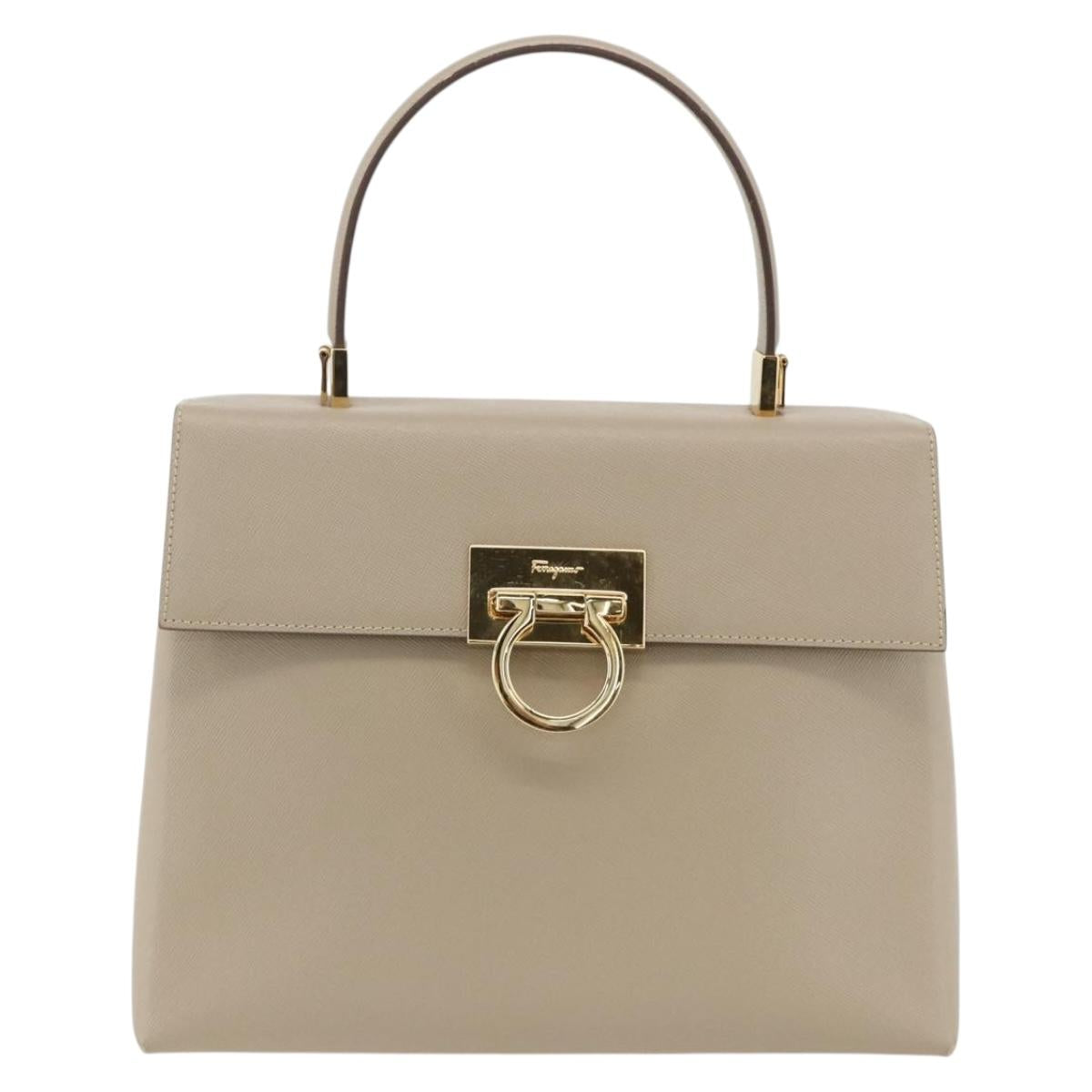 Salvatore Ferragamo Gancini Hand Bag Leather Beige Gold Auth gh1934