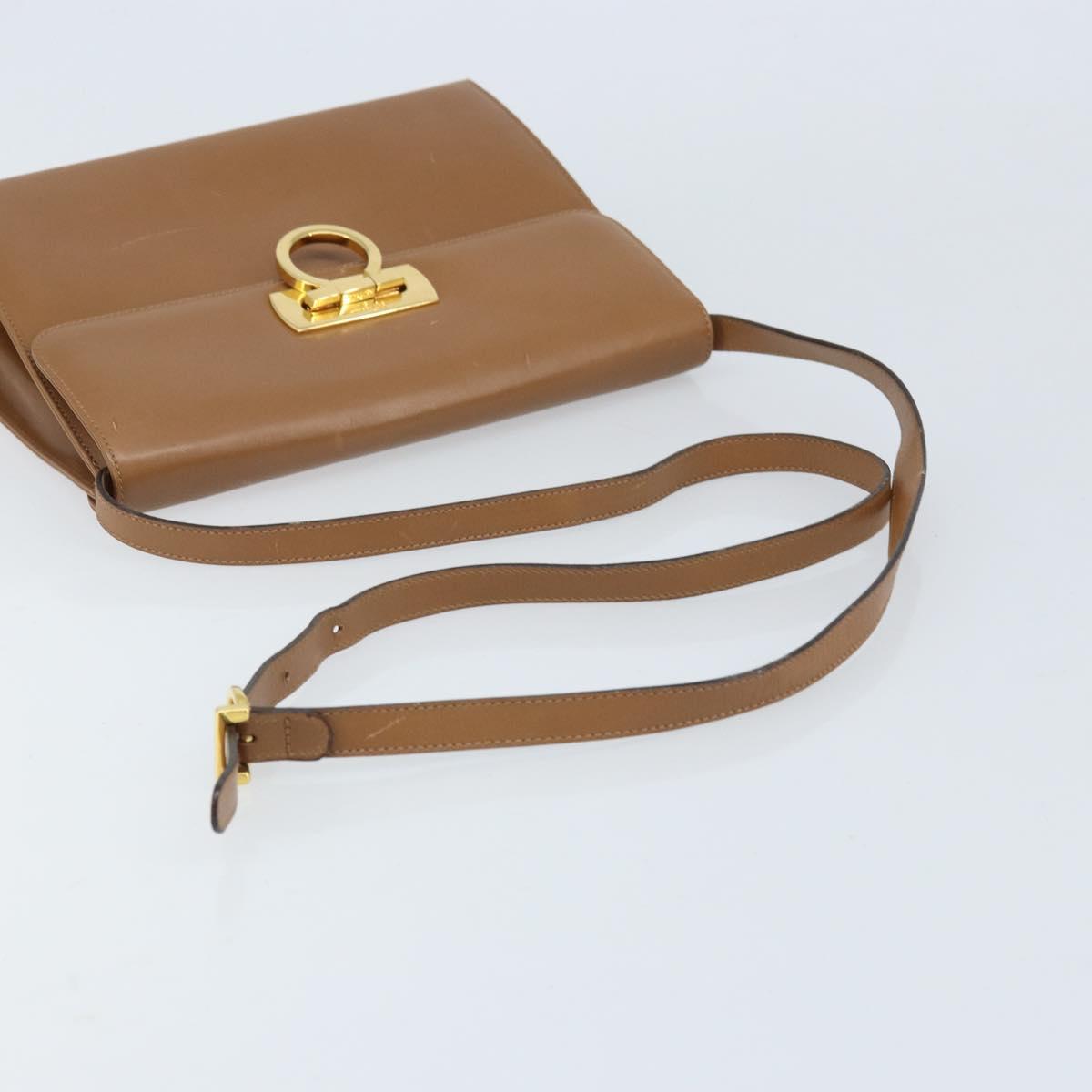 Salvatore Ferragamo Gancini Shoulder Bag Leather Brown Gold Auth gh1940