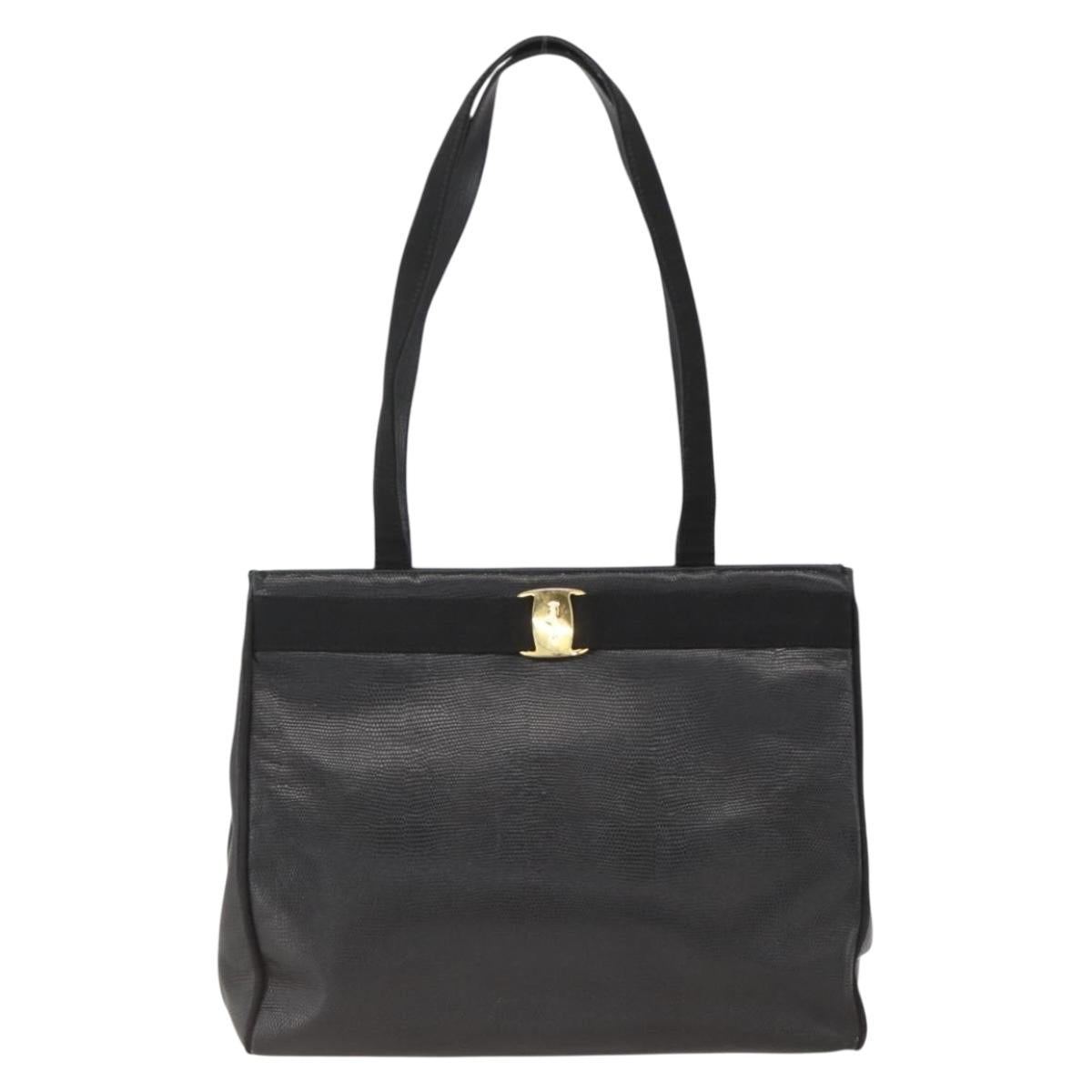 Salvatore Ferragamo Vala Tote Bag Leather Black Gold Auth gh1943