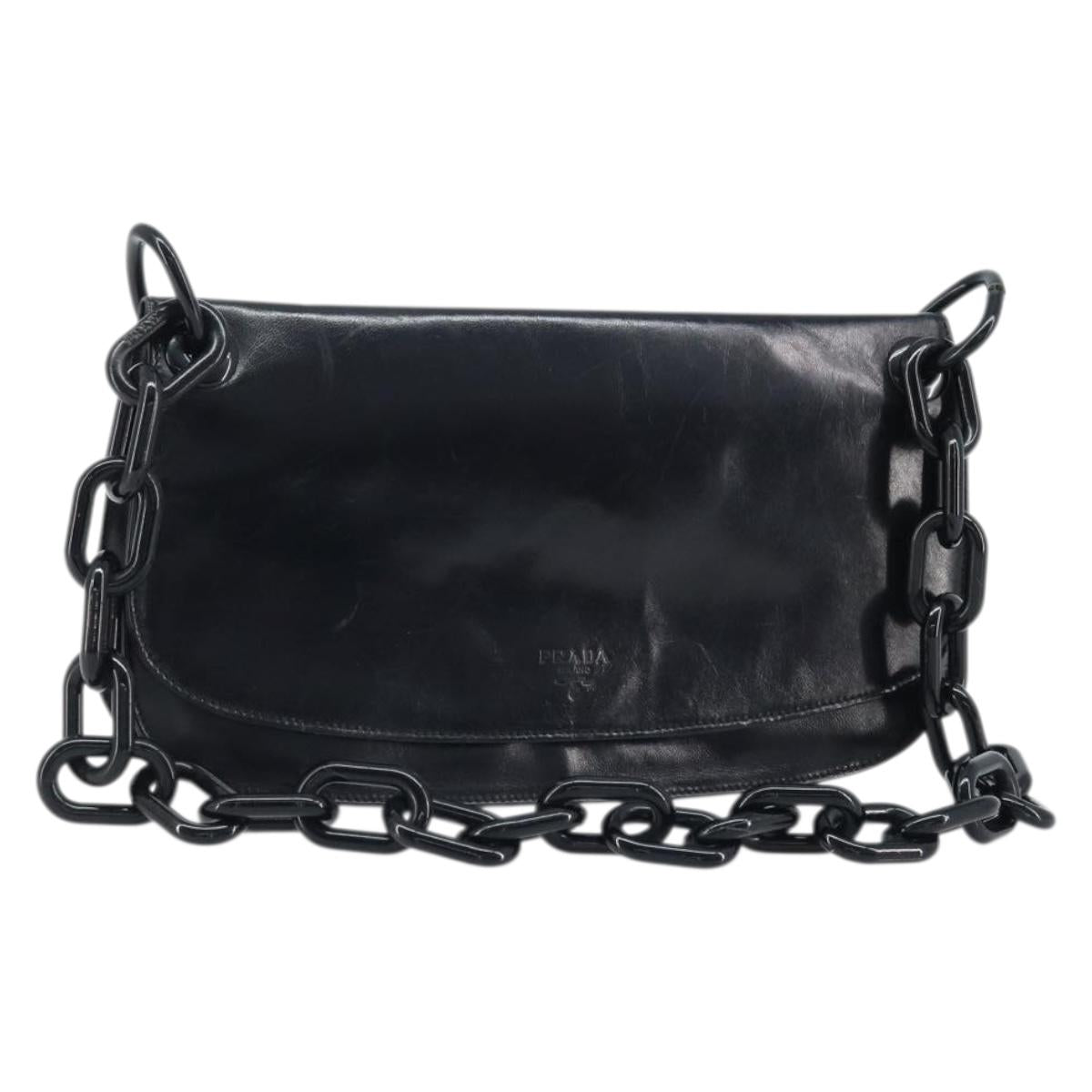 PRADA Chain Shoulder Bag Leather Black Silver Auth gh1971