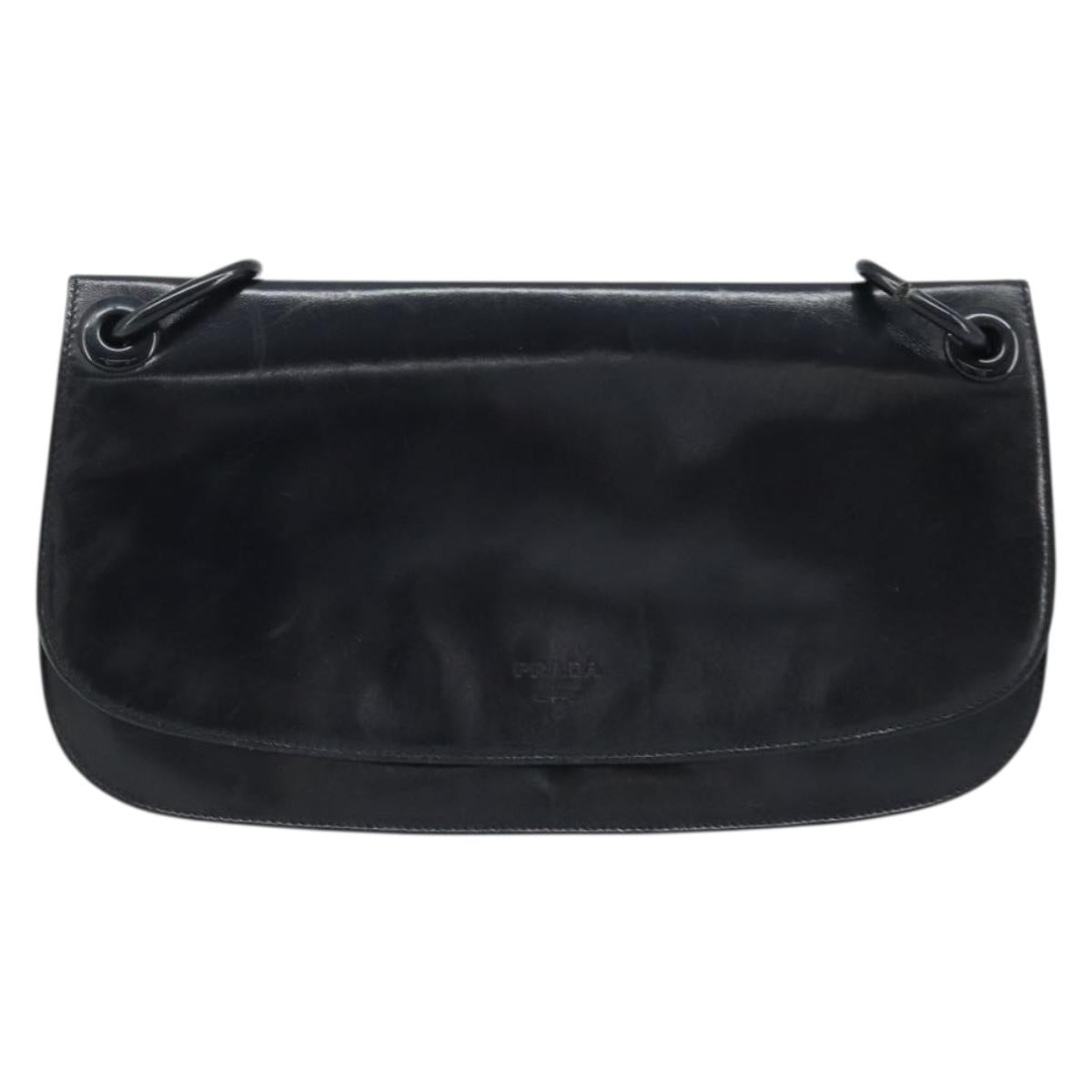 PRADA Chain Shoulder Bag Leather Black Silver Auth gh1971