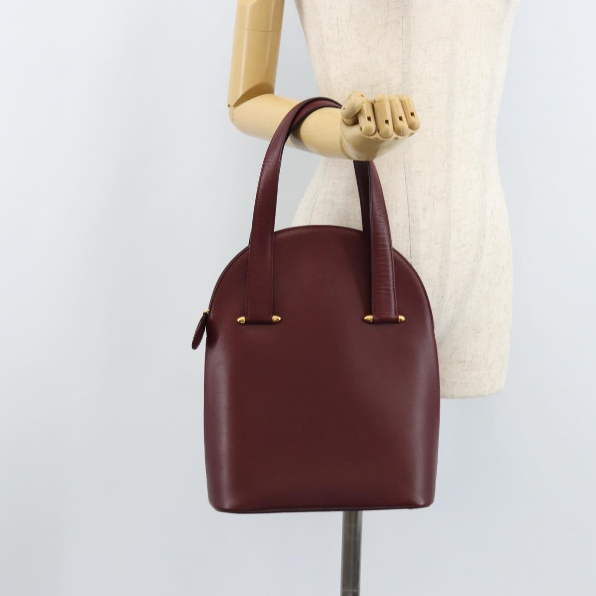 CARTIER Hand Bag Leather Bordeaux Gold Auth gh1976