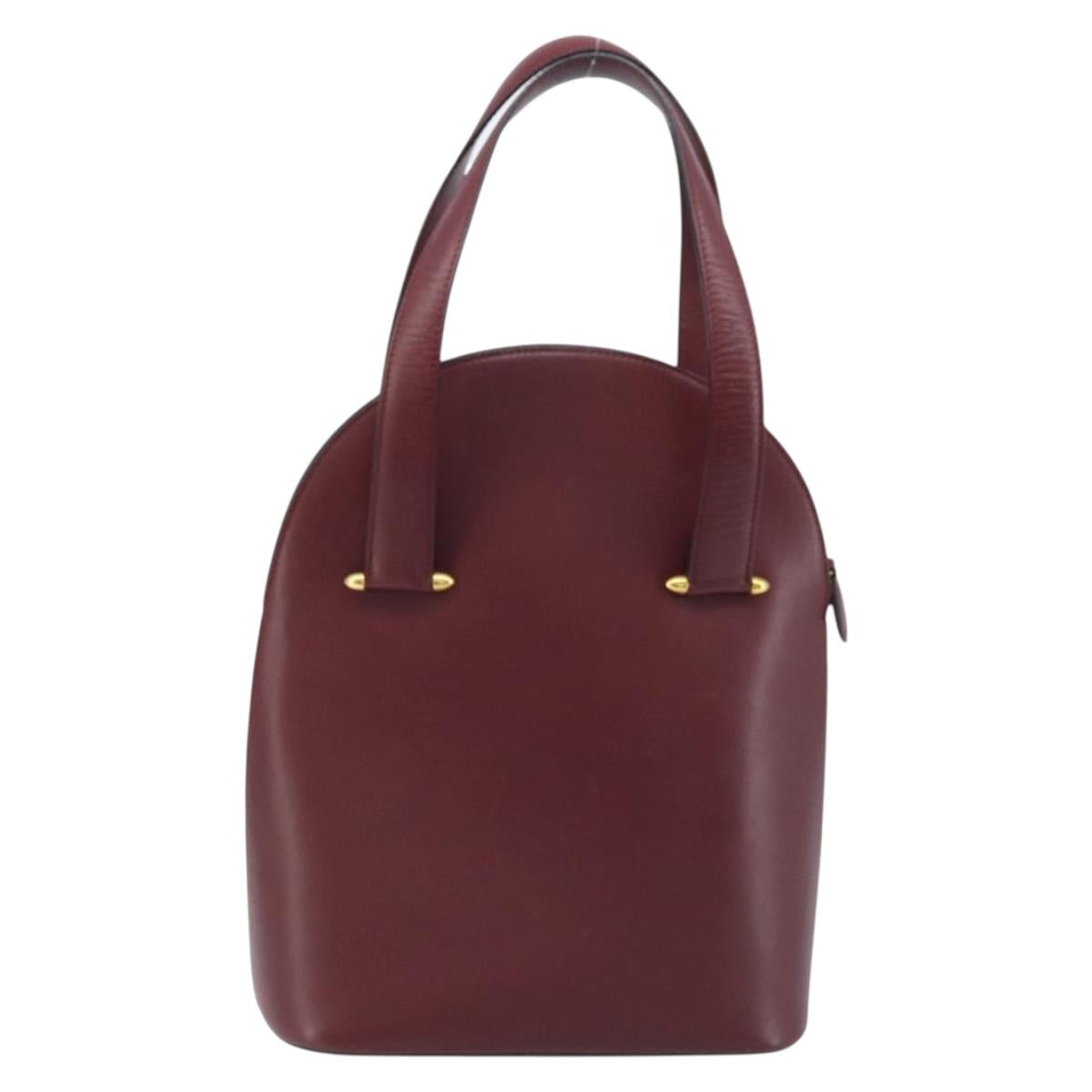 CARTIER Hand Bag Leather Bordeaux Gold Auth gh1976