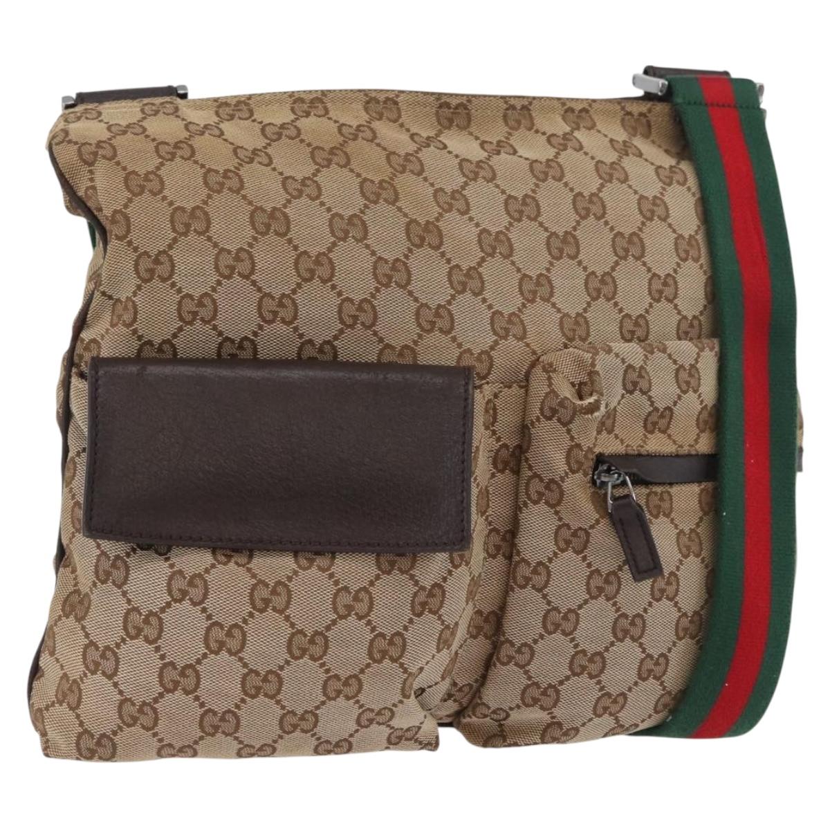 GUCCI GG Canvas Web Sherry Line Shoulder Bag Beige Silver 169937 Auth gh1991
