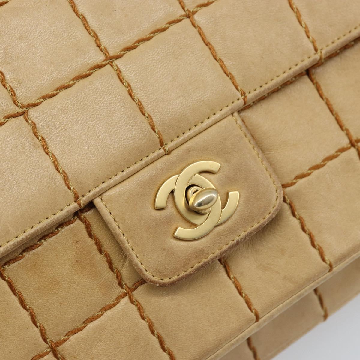CHANEL Wild Stitch Choco Bar Chain Bag Lamb Skin Beige Gold CC Auth gh2006