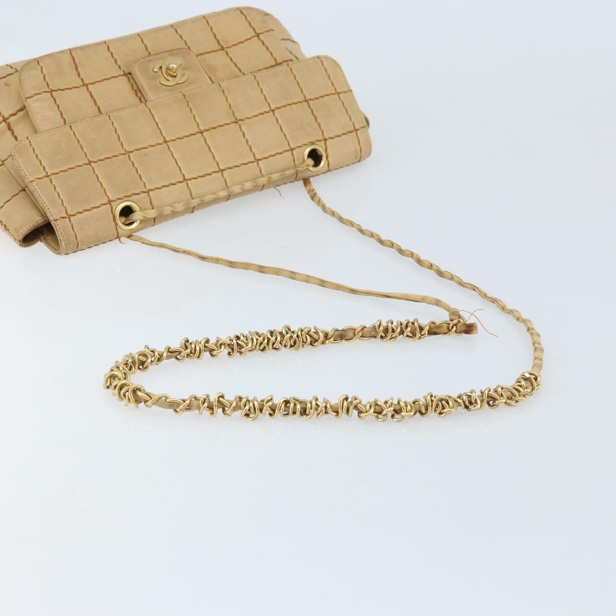 CHANEL Wild Stitch Choco Bar Chain Bag Lamb Skin Beige Gold CC Auth gh2006