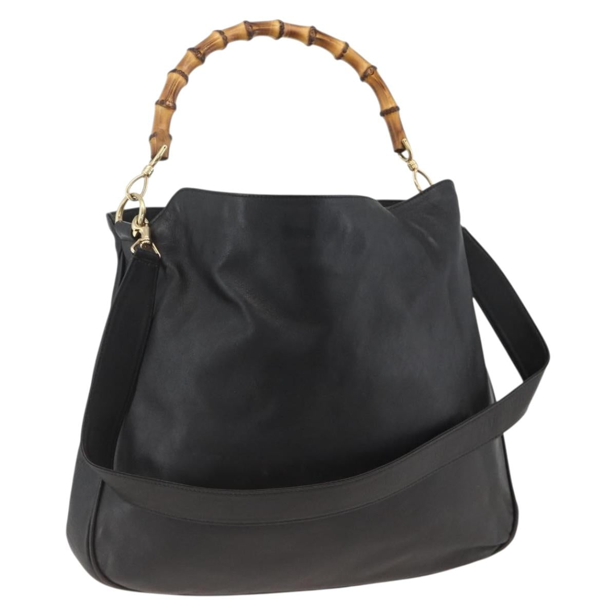 GUCCI Bamboo Shoulder Bag Leather 2way Black Gold 001 1577 Auth gh2025