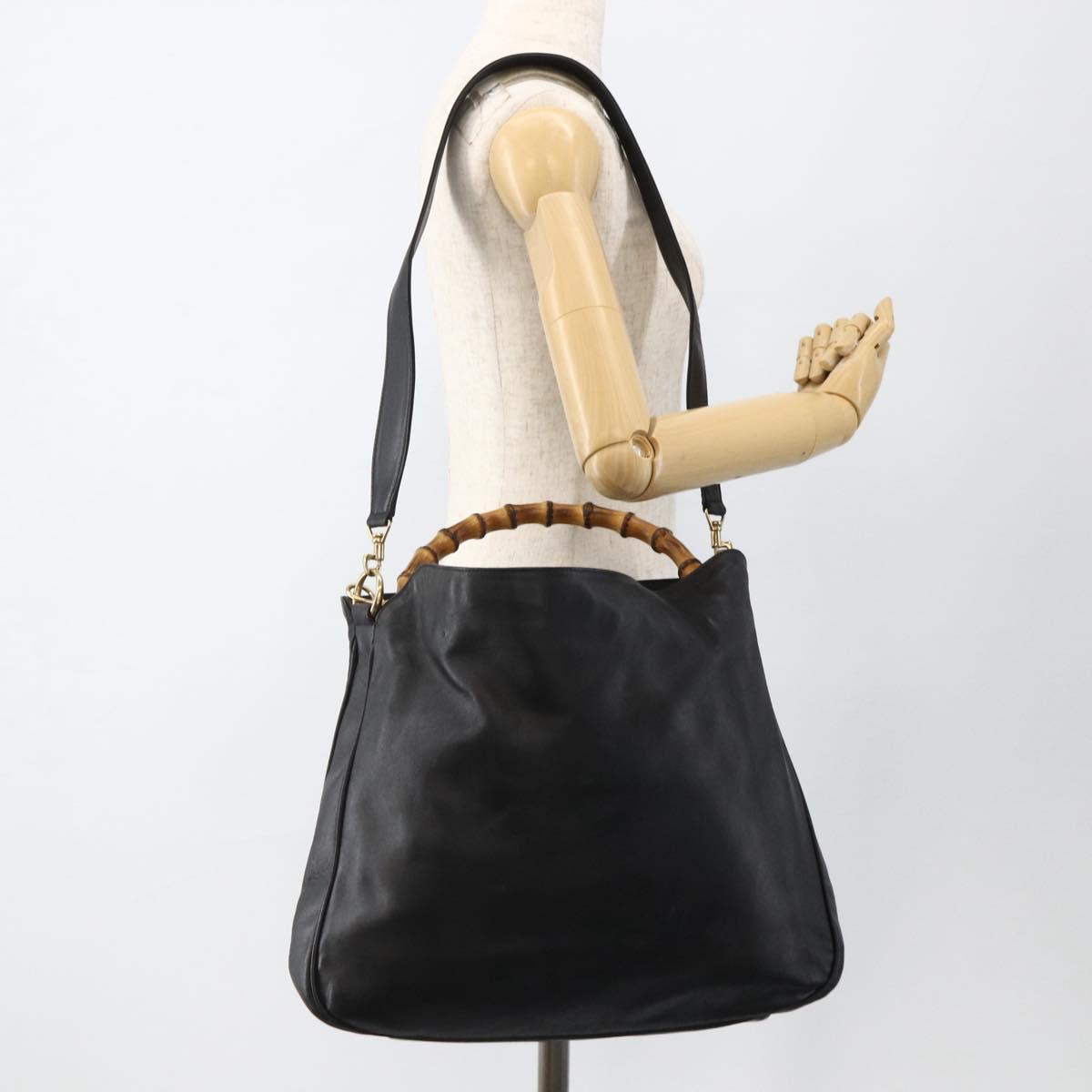 GUCCI Bamboo Shoulder Bag Leather 2way Black Gold 001 1577 Auth gh2025