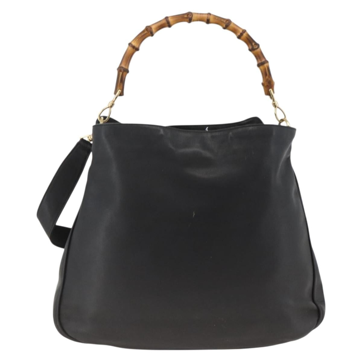 GUCCI Bamboo Shoulder Bag Leather 2way Black Gold 001 1577 Auth gh2025