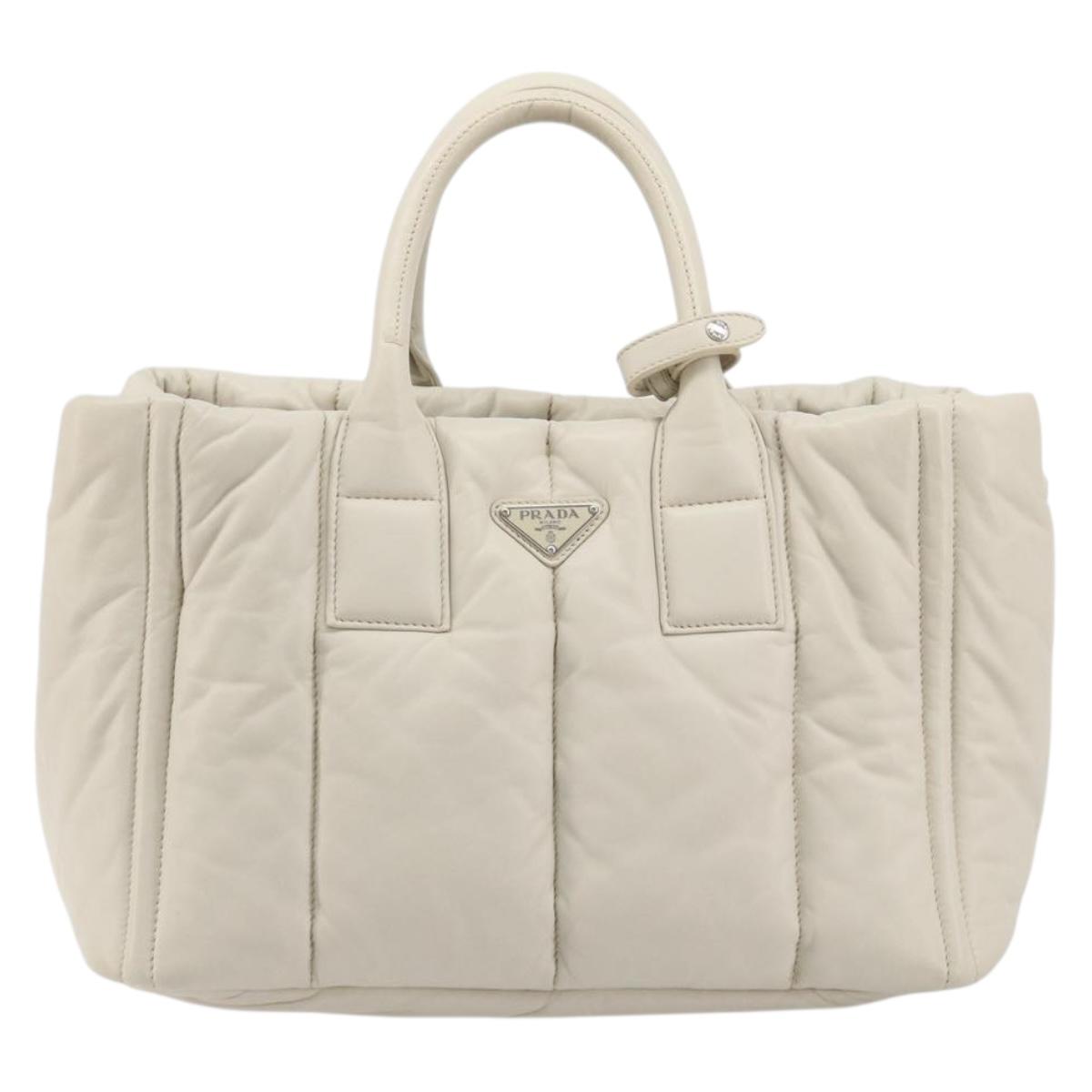 PRADA Canapa MM Hand Bag Leather White Silver Auth gh2041