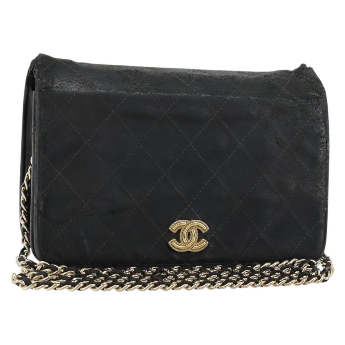 CHANEL Matelasse Chain Shoulder Bag Lamb Skin Black Gold CC Auth gh2043