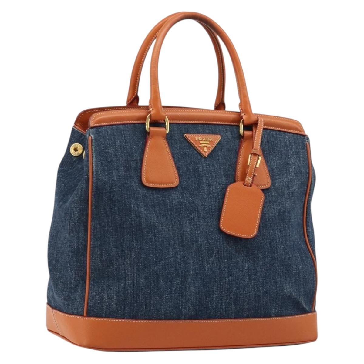 PRADA Hand Bag Denim Navy Gold Auth gh2045A