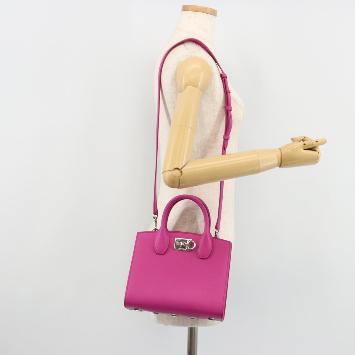 Salvatore Ferragamo Studio Box Hand Bag Leather 2way Pink Silver Auth gh2052SAV