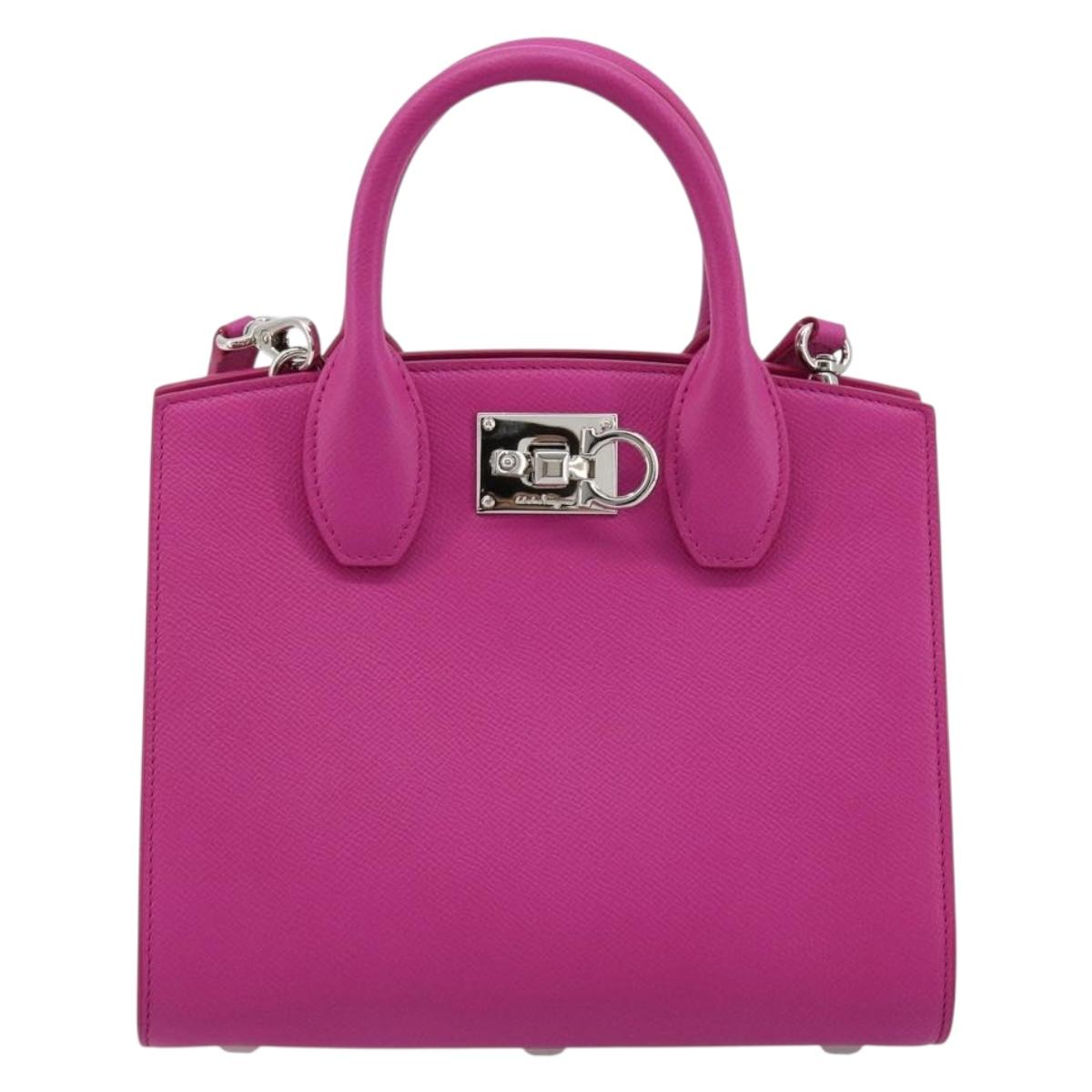 Salvatore Ferragamo Studio Box Hand Bag Leather 2way Pink Silver Auth gh2052SAV