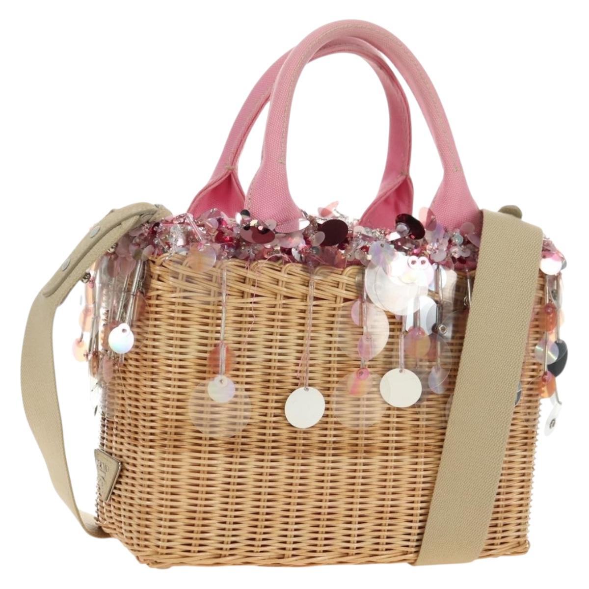 PRADA Hand Bag Rattan 2way Pink Silver Auth gh2054A