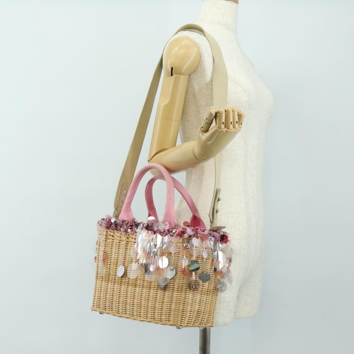 PRADA Hand Bag Rattan 2way Pink Silver Auth gh2054A
