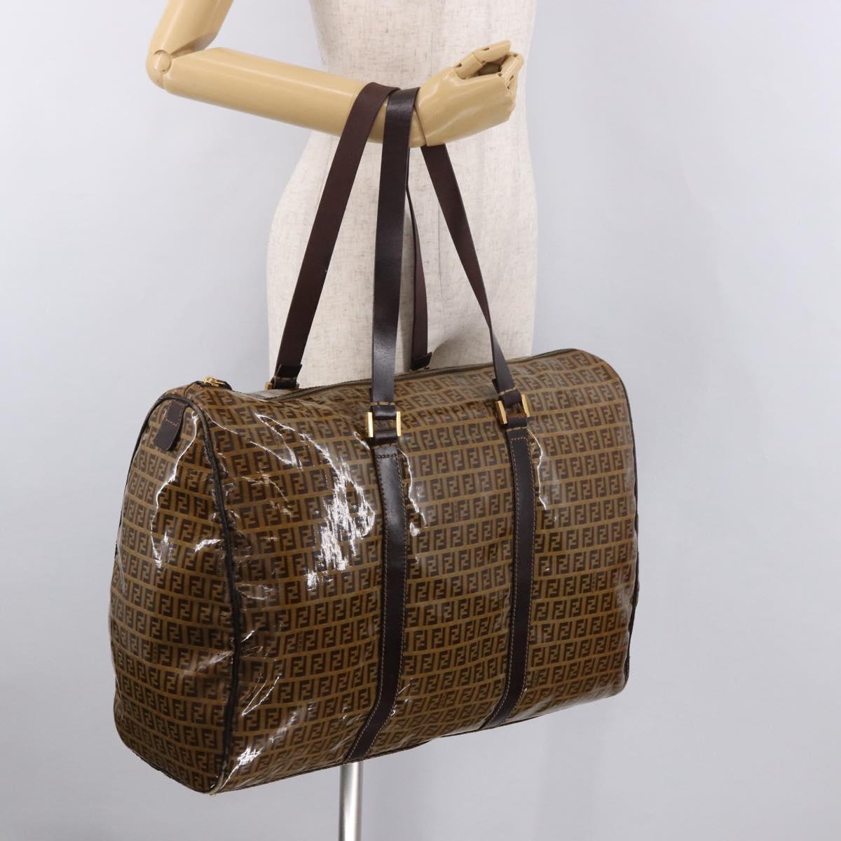 FENDI Zucchino Canvas Boston Bag Coated Canvas Beige Gold Auth gh2058