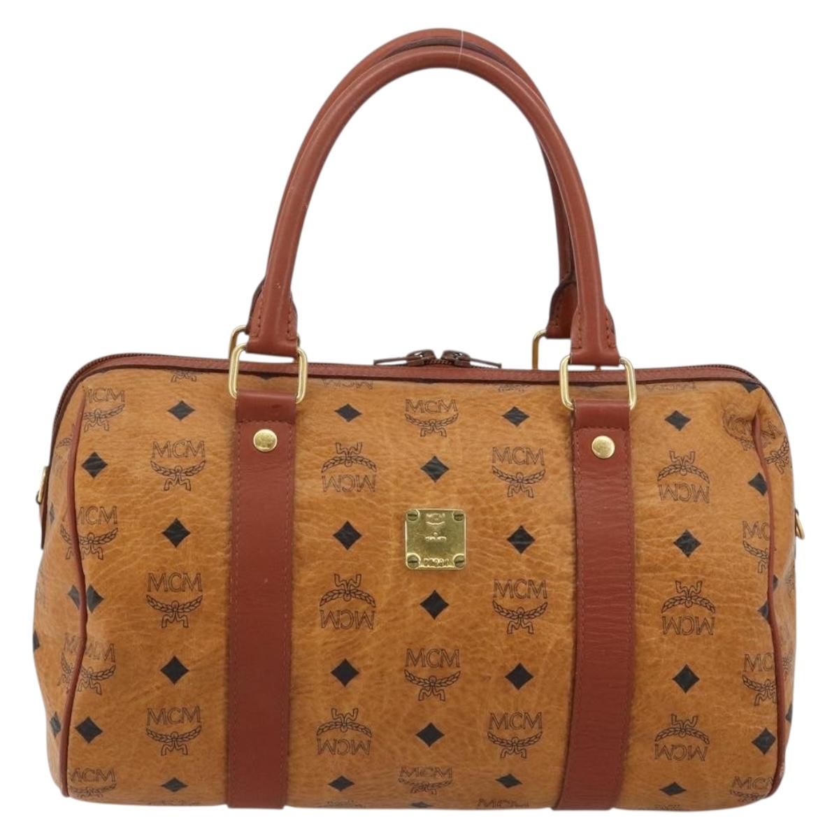 MCM Vicetos Logogram Boston Bag PVC Leather Brown Gold Auth gh2068
