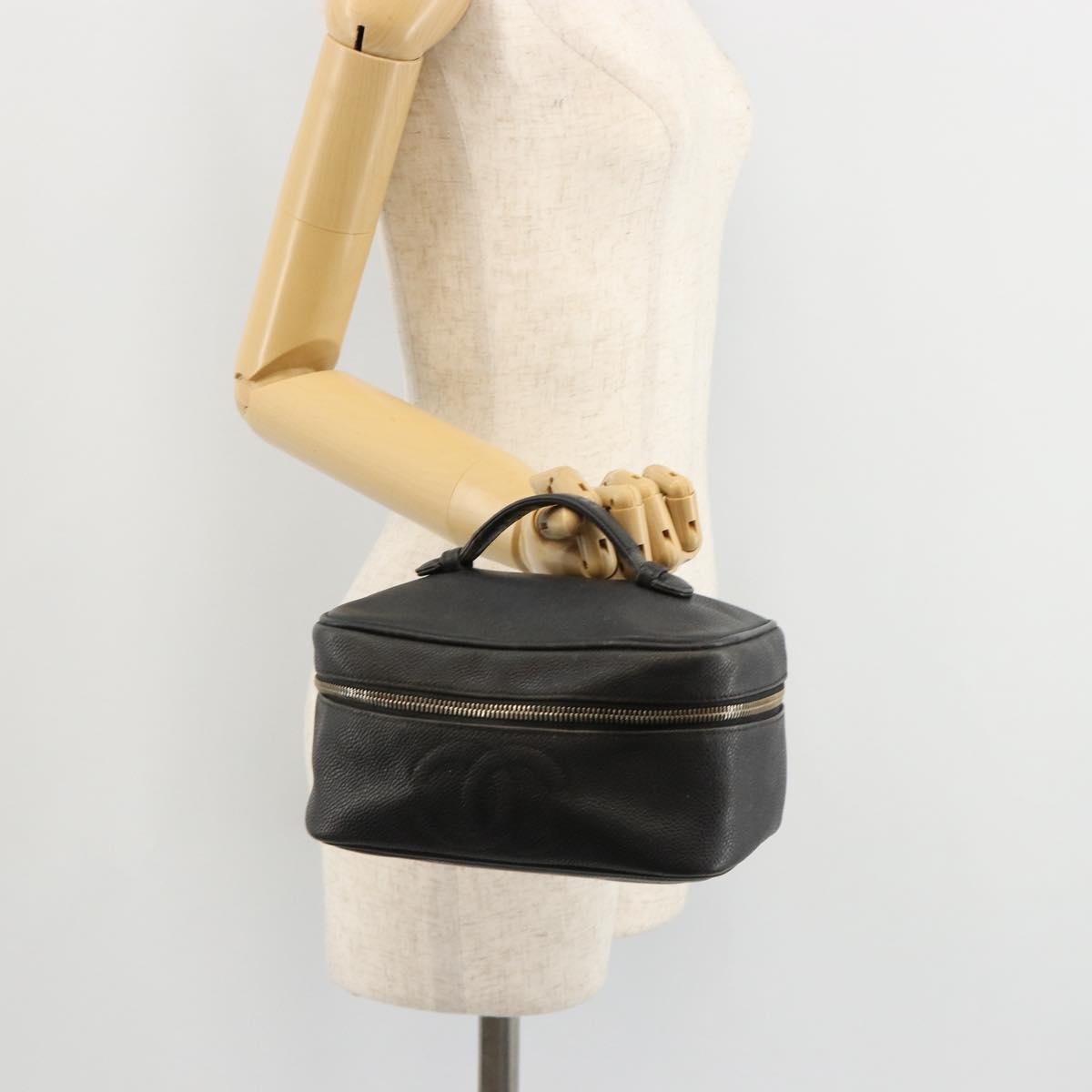 CHANEL Vanity Hand Bag Caviar Skin Black Gold CC Auth gh2069