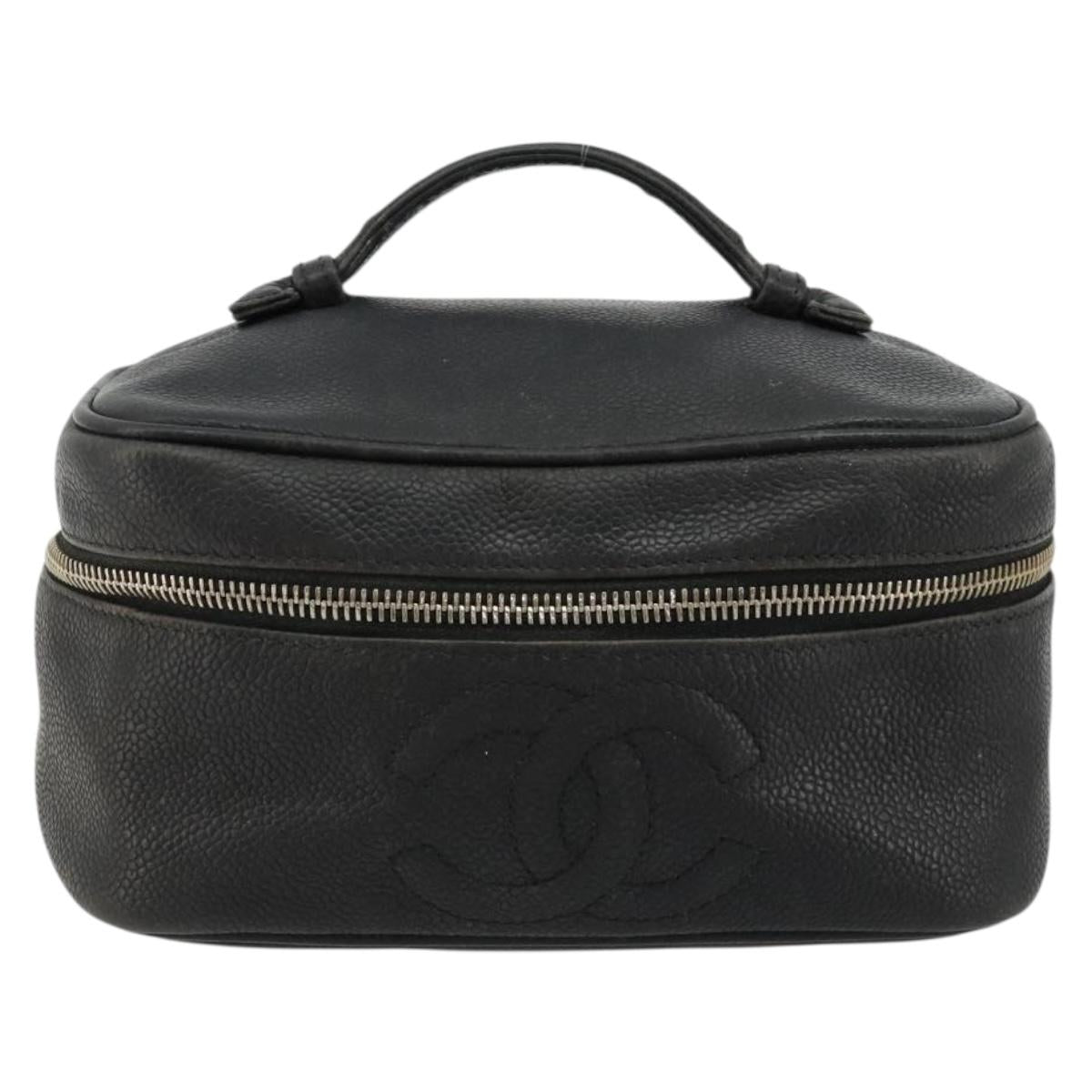 CHANEL Vanity Hand Bag Caviar Skin Black Gold CC Auth gh2069