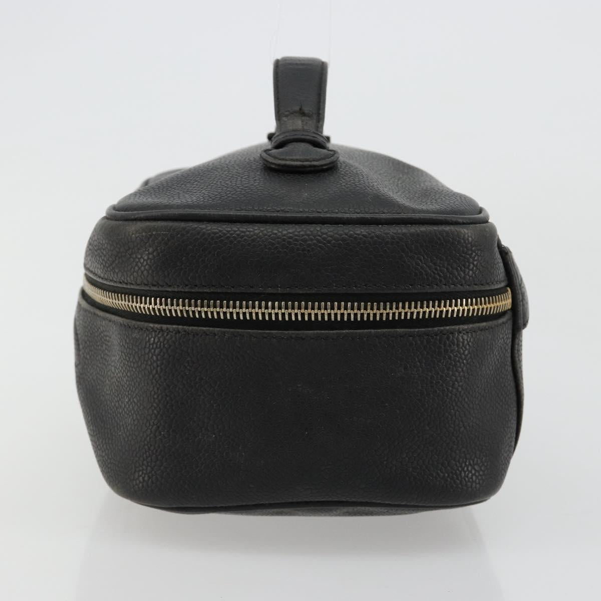 CHANEL Vanity Hand Bag Caviar Skin Black Gold CC Auth gh2069