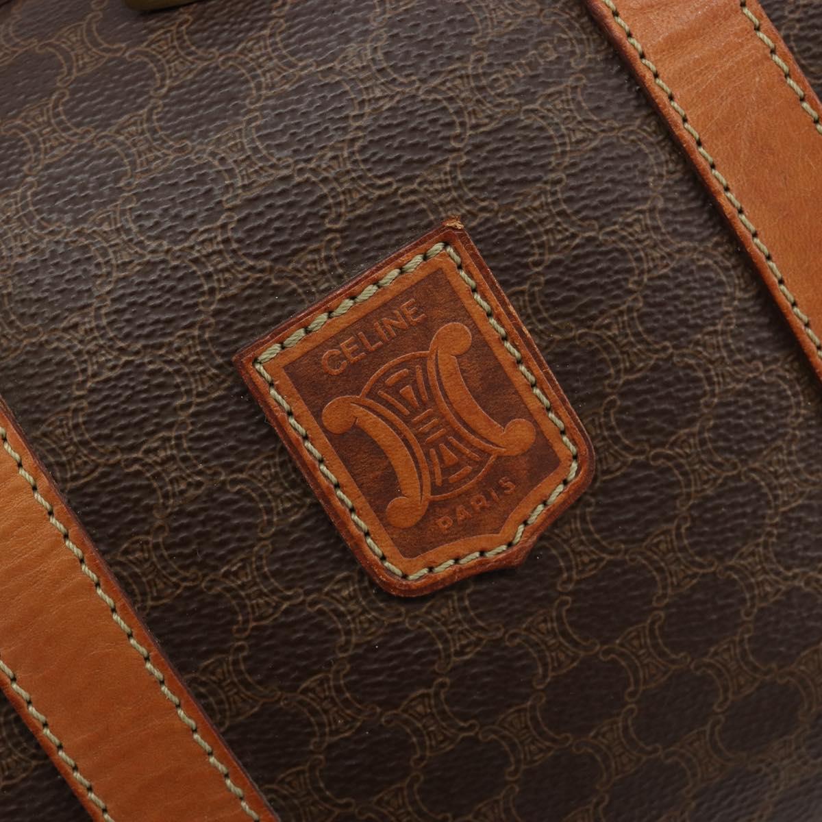 CELINE Macadam Canvas Boston Bag PVC Leather Brown Gold Auth gh2074
