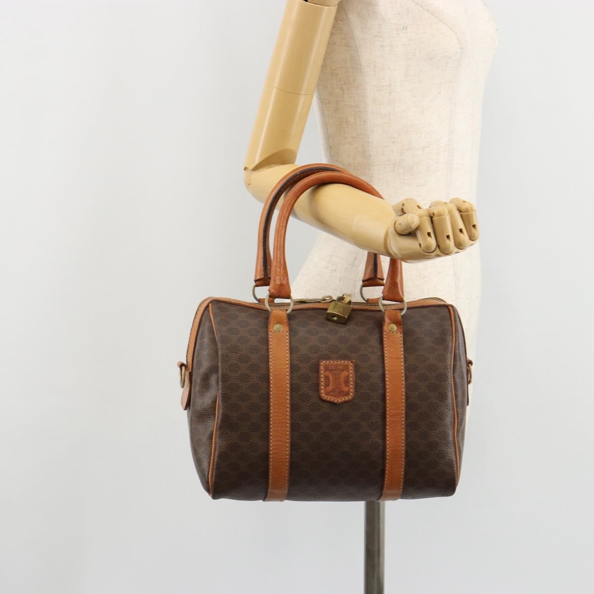 CELINE Macadam Canvas Boston Bag PVC Leather Brown Gold Auth gh2074