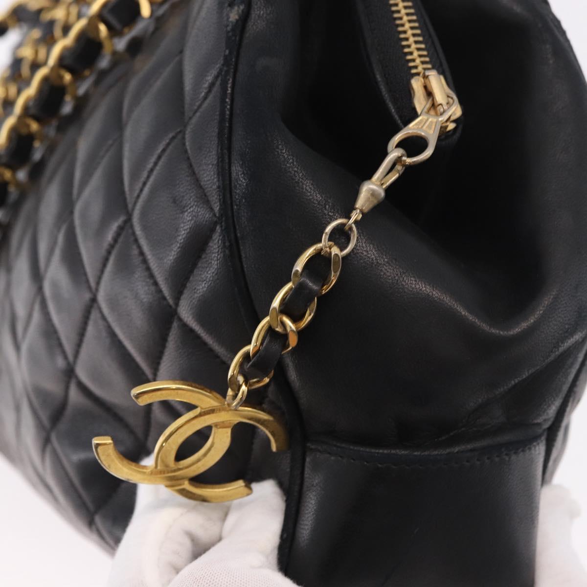 CHANEL Matelasse Chain Shoulder Bag Lamb Skin Black Gold CC Auth gh2091