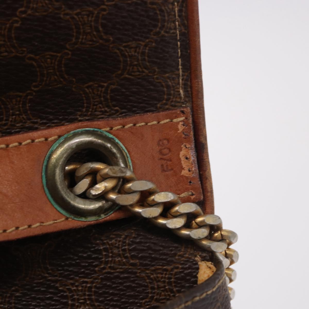 CELINE Macadam Canvas Chain Shoulder Bag PVC Leather Brown Gold Auth gh2108