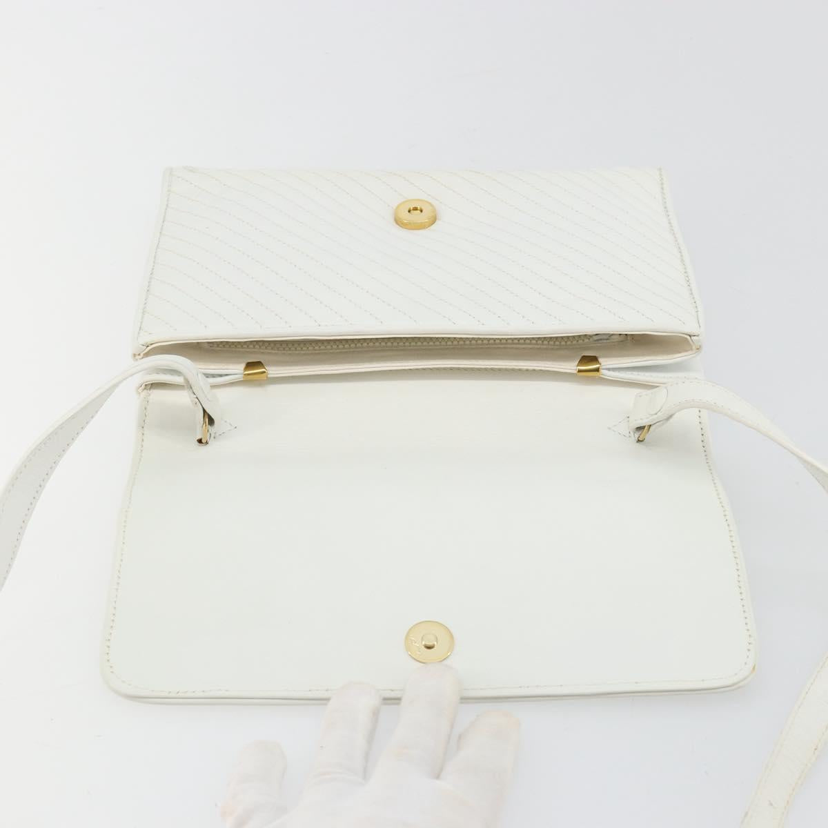 CELINE Shoulder Bag Leather White Gold Auth gh2134