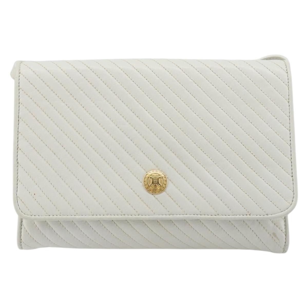 CELINE Shoulder Bag Leather White Gold Auth gh2134