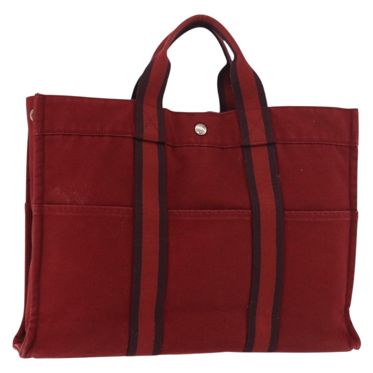 HERMES Fourre Tout MM Hand Bag Canvas Red Silver Auth gh2140