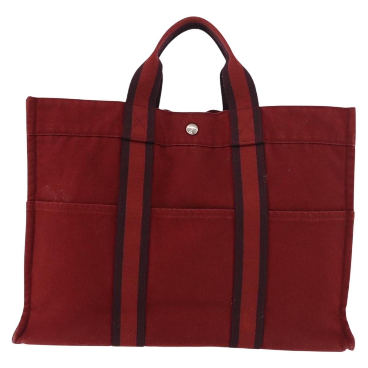 HERMES Fourre Tout MM Hand Bag Canvas Red Silver Auth gh2140