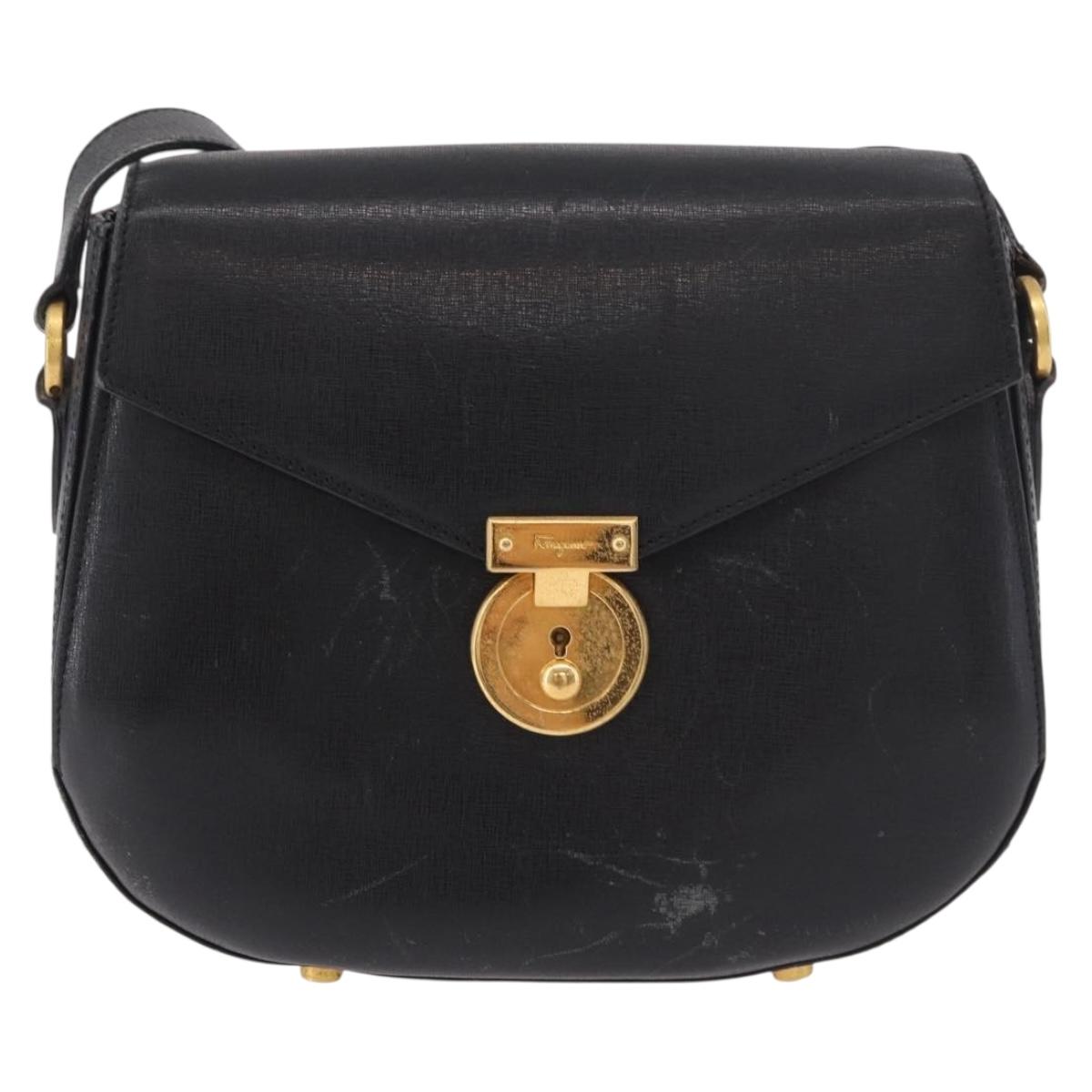 Salvatore Ferragamo Shoulder Bag Leather Black Gold Auth gh2148
