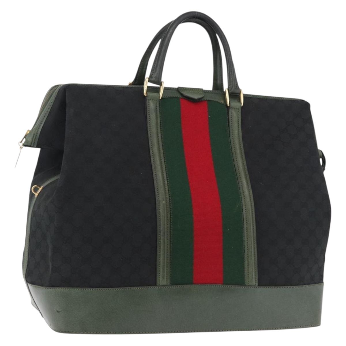 GUCCI GG Canvas Web Sherry Line Boston Bag Black Gold Auth gh2156A