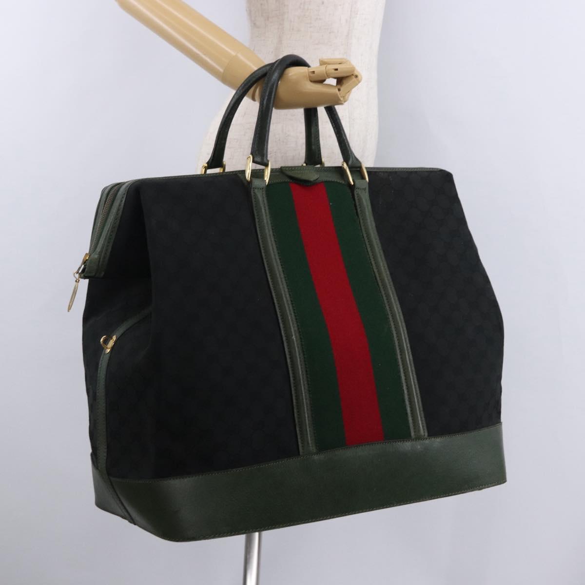 GUCCI GG Canvas Web Sherry Line Boston Bag Black Gold Auth gh2156A